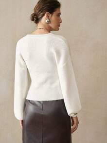 EMERY ROSE 女式纯色 V 领前扣针织开衫 - 白色 - 查看 7