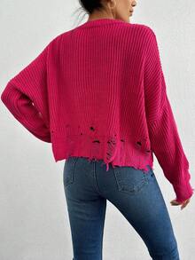 EURMUSE Drop Shoulder Distressed Ribbed Knit Sweater - Hot Pink - View 2