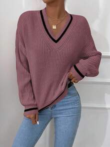 條紋飾邊落肩袖板球毛衣 - 駝色 - 查看 3