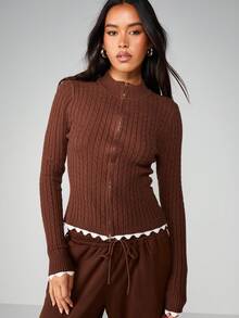 MISSGUIDED Cable Knit Ribbed Cardigan With Scalloped Contrast Trim And Full Zip Front Closure For Layering - Brown - View 5
