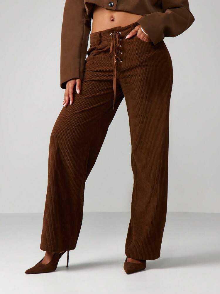 MISSGUIDED Ribbed Wide Leg High Rise Pants With Lace Up Front Detail Casual Straight Fit Trousers For Fall Winter