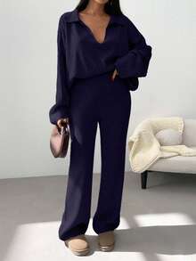 SHEIN Woman Checkered Jacquard Polo Neck Two Pieces Sweater And Pants Co-Ords - Navy Blue - View 8