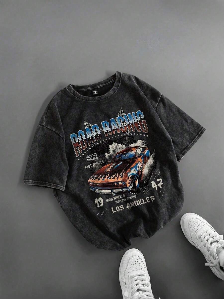 SHEIN Kids Young Boy Casual Versatile And Comfortable Racing Letter Print Pattern Round Neck Pullover Loose Short Sleeved Knitted T-Shirt Suitable For Commuting To School, Daily Leisure Vacation Travel, Suitable For Sports, Suitable For Spring And Summer Festivals