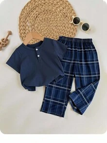 LMoss Kids 两件套男童简约纯色圆领半开襟短袖T恤和格子图案裤子休闲睡衣套装 - 藍色 - 查看 3