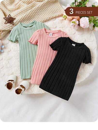 Baby Girl Casual Knitted Solid Color Short Sleeve Dress 3pcs/Set