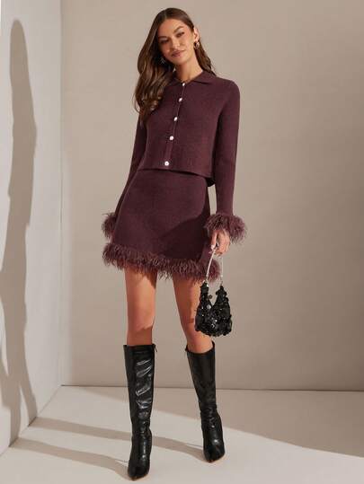 Enchnt 女士时尚纯色纽扣开衫和裙子毛衣套装