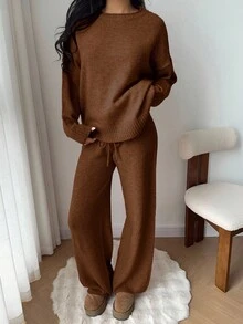 Flirla 2pcs Women Casual Solid Color Round Neck Long Sleeve Loose Knit Pullover Sweater Set - Brown - View 7