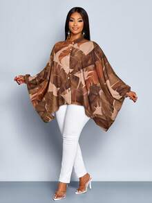 SOLERSUN Damen Große Größen Tropical Muster Neue Einreihige Kurze Bluse mit Fledermausärmeln für Urlaub und Alltag