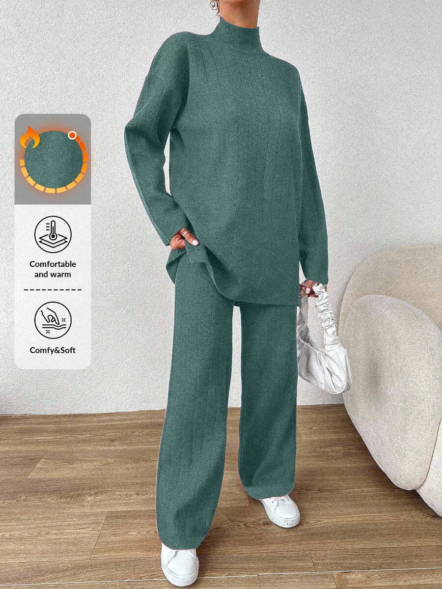 EURMUSE 2 件套女士纯色立领落肩长袖毛衣和针织裤休闲套装 - 薄荷綠 - 查看 1