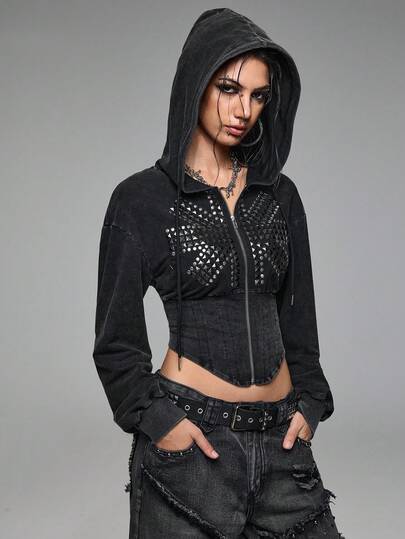 Grunge Punk هوديي قصير مطرز بنقشة علم المملكة المتحدة بطراز بانك وريترو للنساء