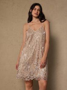 Freevana Plus Size Vintage 1920s Sequin Embroidered Romantic Party Holiday New Year Christmas Shiny Sequin Slip Dress For Women