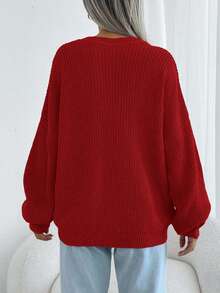 EURMUSE Women Solid Color Round Neck Drop Shoulder Chunky Pullover Autumn - Red - View 2