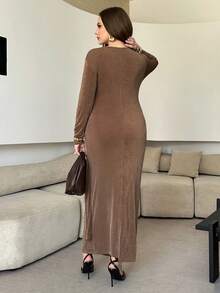 Modelyn 大码女式优雅秋冬针织褶饰修身长款休闲连衣裙 - 駝色 - 查看 2