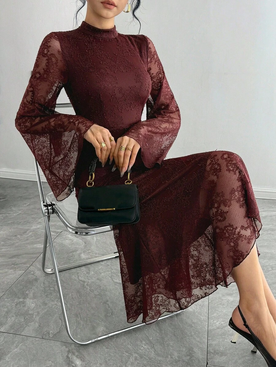 DAZY 女式优雅蕾丝喇叭袖美人鱼中长连衣裙,秋季 - 酒紅色 - 查看 1