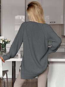 EURMUSE Cable Pattern Mock Neck Raglan Sleeves Mini Sweater Dress - Grey - View 3