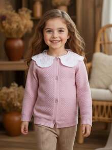 Blossori Young Girls' French Elegant Lace Collar Button-Front Knit Cardigan, Little Girls Button Up Sweater, Pink Cardigan Kids,Cozy Fall & Winter Styles