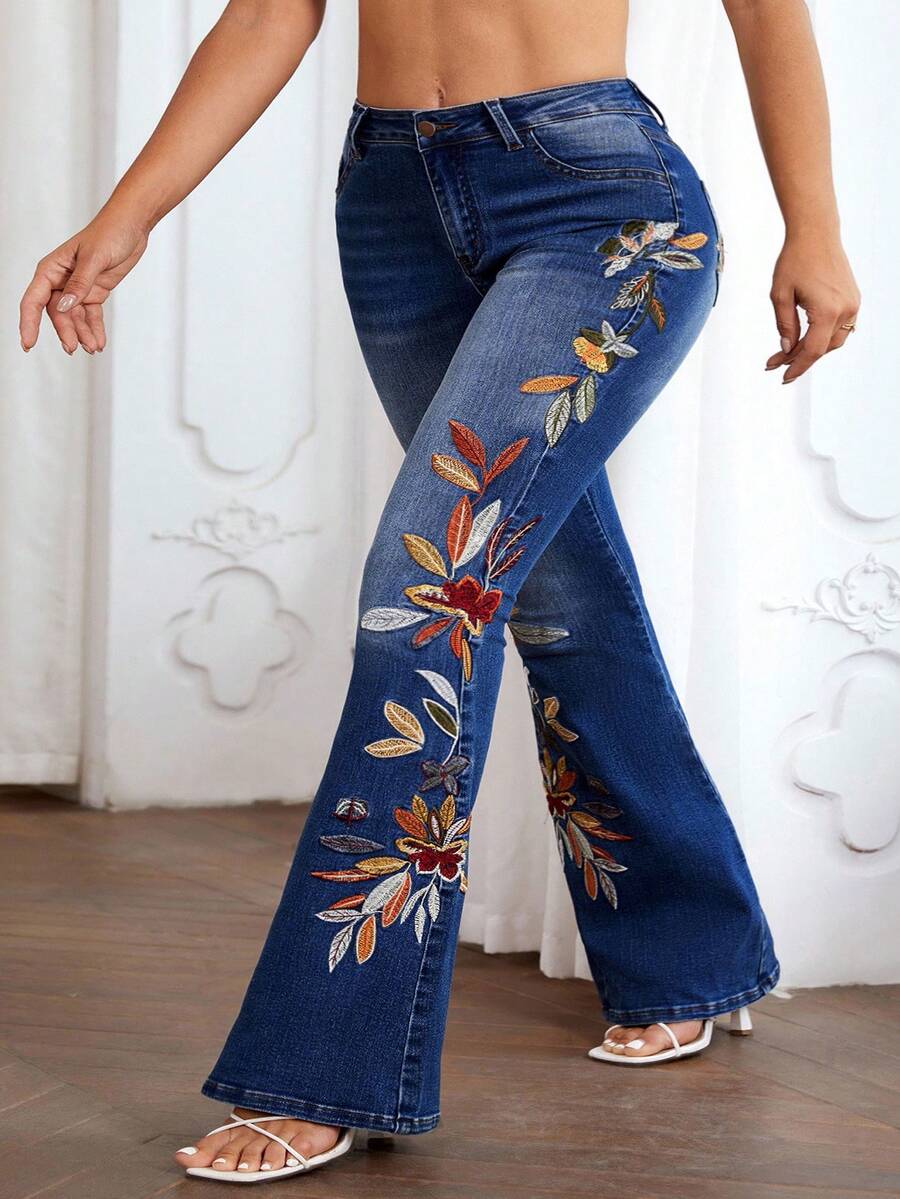 Slaydiva Plus Size Casual Washed Floral Embroidered Flare Jeans - Blue - View 1