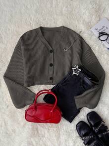 Attitoon 休闲复古风格 V 领黑色三扣宽松简约女士开衫，适合秋季、女生旅行、返校季，复古风格，百搭 - 彩色 - 查看 2