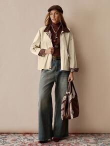 Florisole Women's Vintage Patchwork Collar Textured Dual Pocket Loose Fit Long Sleeve Khaki Jacket, Winter - Khaki - View 4