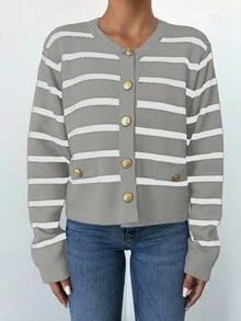 EURMUSE Women's Round Neck Button-Up Long Sleeve Striped Casual Cardigan - Grey - View 3