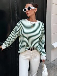 EURMUSE Striped Pattern Drop Shoulder Sweater - Green - View 4