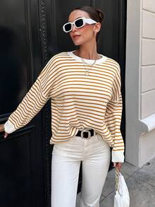SHEIN Cottnline Women'S Striped Drop Shoulder Sweater - Orange - View 4