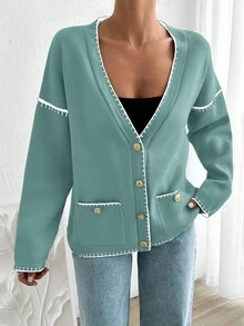EURMUSE Women Solid Color Deep V-Neck Handmade Stitch Detailed Cardigan - Mint Green - View 5