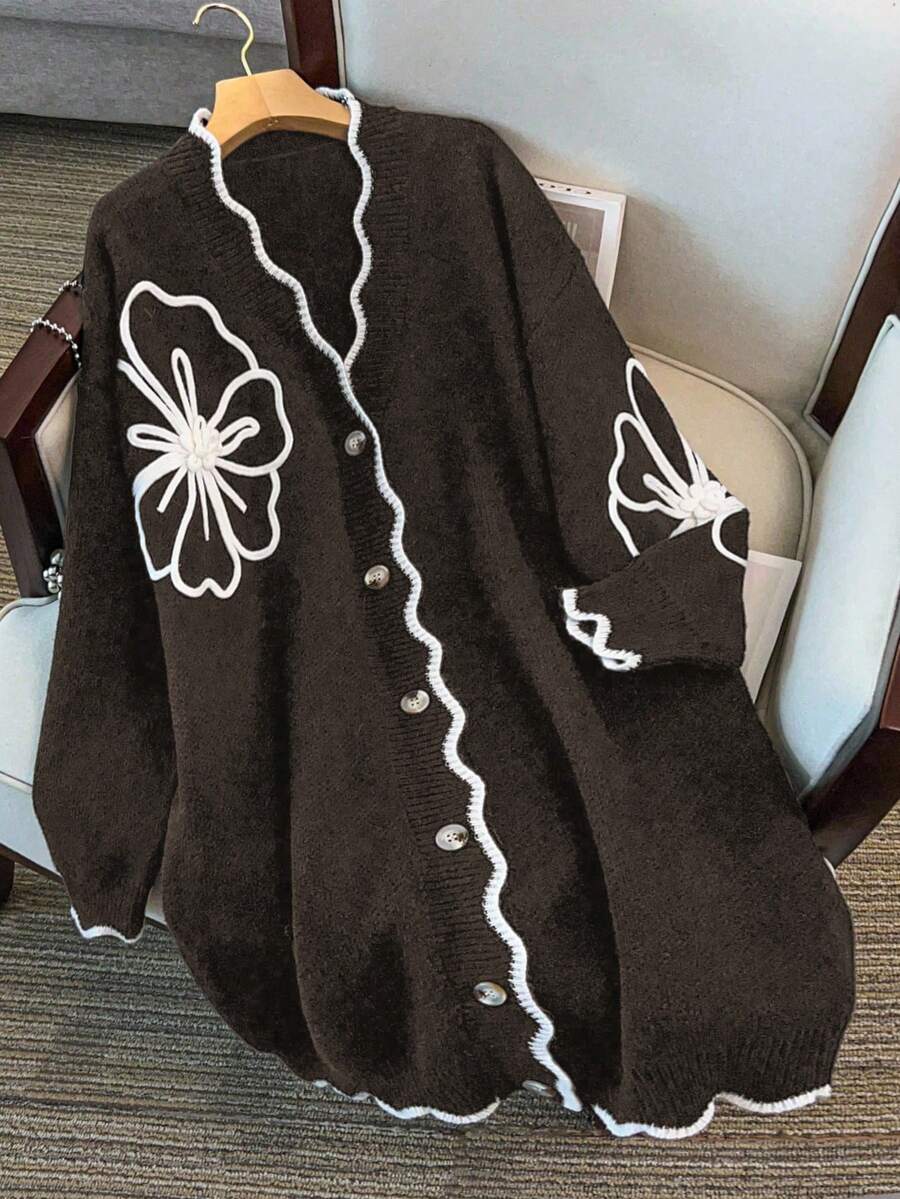 GlowEve CURVE Gilet en maille épaisse à fleurs rouille pour femme grande taille, col en V, blocs de couleurs, polyvalent, automne/hiver - Marron - Voir 1