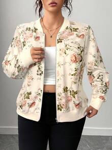 Elenzga Chaqueta de béisbol elegante con cremallera y estampado floral para mujer de talla grande - Albaricoque - Ver 3