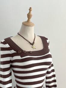 Elamini Women's Casual Versatile Striped Pattern Crew Neck Fitted Sweater, Autumn/Winter - Multicolor - View 4