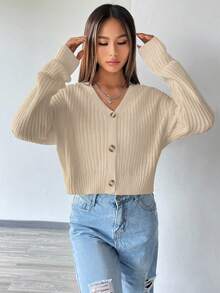 SHEIN Unity 女士休闲 V 领宽松纽扣前开衫，纯色，百搭，适合日常通勤，秋冬 - 卡其色 - 查看 6