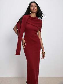 ATUI Studio Vestido de suéter de unicolor, ajustado, plisado, elegante y con estilo, ropa de mujer para otoño e invierno - Rojo - Ver 5