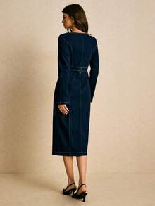 Poéselle Women's Fashion Front Button Denim Dress, Suitable For Commuting Denim Midi Dress Jean Dresses For Women Long Sleeve Denim Dress Casual Midi Dress Fitted Waist Long Dress, Long Sleeves, Dark Blue, Elegant, Perfect For Parties, Dates, Everyday Outings, New Year's Day, Christmas.