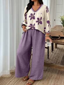 Weeklong 大码女式花卉印花灯笼袖衬衫和阔腿裤休闲两件套 - 彩色 - 查看 1
