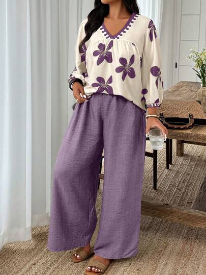 Weeklong 大码女式花卉印花灯笼袖衬衫和阔腿裤休闲两件套