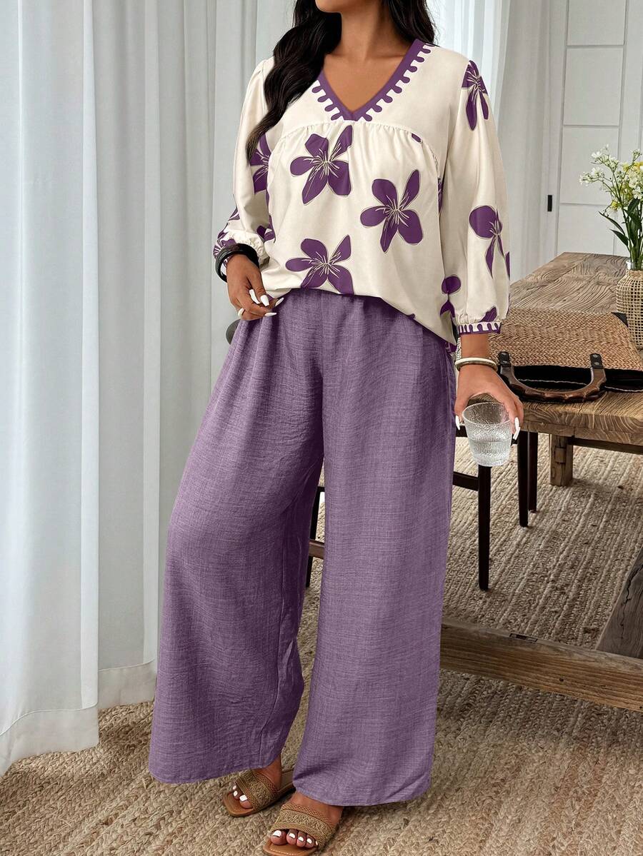 Weeklong 大码女式花卉印花灯笼袖衬衫和阔腿裤休闲两件套 - 彩色 - 查看 1