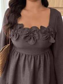 Weeklong 2pcs Plus Size Square Neck Ruffle Hem Floral Decor Top And Pants Set - Brown - View 5