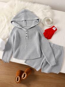 SHEIN Girls Grey Casual Hooded Sweater Top And Knitted Shorts Set, Suitable For Daily Wear, School, Outing, Party, Autumn/Winter - Grey - View 3