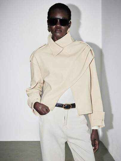 Lumivelle Women's Autumn/Winter Commuter Fashion Stand Collar Shoulder Sleeve Opening Four-Button Decorative Criss-Cross Shawl Collar Loose Overcoat