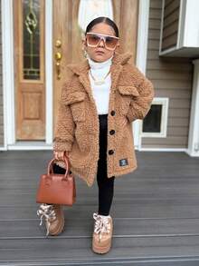 SHEIN 3 件套年轻女孩棕色毛绒加厚夹克上衣 + 打底 T 恤 + 裤子，休闲日常时尚百搭装 - 棕色 - 查看 4