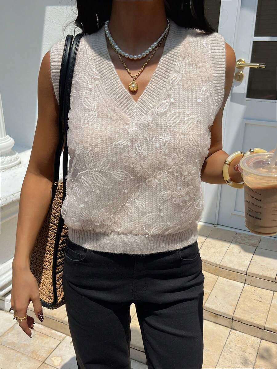 Serisse Women's Fashionable Commuter Sequin Mesh Knit Vest Winter Casual - Apricot - View 1