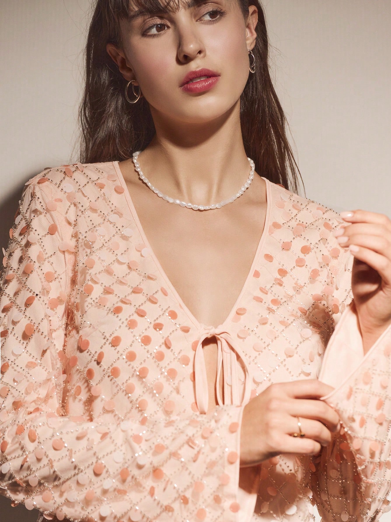 Pink Mesh Cropped Top With Sequin Embellishment, Tie Front And Long Flare Sleeves Chic Party Evening Autumn Winter