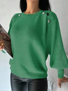 EURMUSE Button Detail Lantern Sleeve Sweater - Army Green - View 3