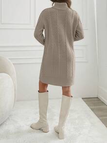 EURMUSE Knitwear Dress With Folded Neck And Cable Pattern - Rust Brown - View 6