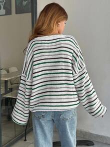 EURMUSE Women Stripe Pattern Round Neck Drop Shoulder Pullover - Multicolor - View 4