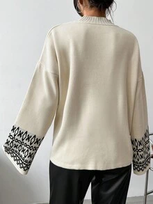 EURMUSE Geo Pattern Drop Shoulder Sweater - Apricot - View 2