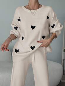 EURMUSE Women Hearth Pattern Sweater & Sweater Pants Set - Beige - View 5