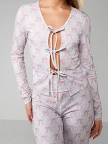 MISSGUIDED Conjunto de pijama de salón con lazo estampado y cierre delantero para mujeres - Ropa de dormir cómoda y a juego - Multicolor - Ver 5