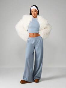 MISSGUIDED Ribbed Crew Neck Crop Top And Wide Leg Pants Lounge Set For Relaxation Comfort - Dusty Blue - View 4