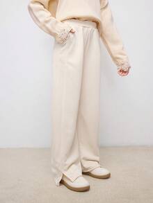 Pantalones de chándal holgados de pierna ancha con cintura elástica, bolsillos laterales y unicolor minimalista para niñas preadolescentes para uso diario y casual